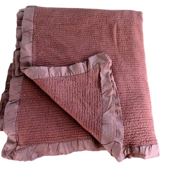 Vintage Acrylic Waffle Weave Blanket All Around Satin Trim Dark Brown USA Made - Picture 9 of 11